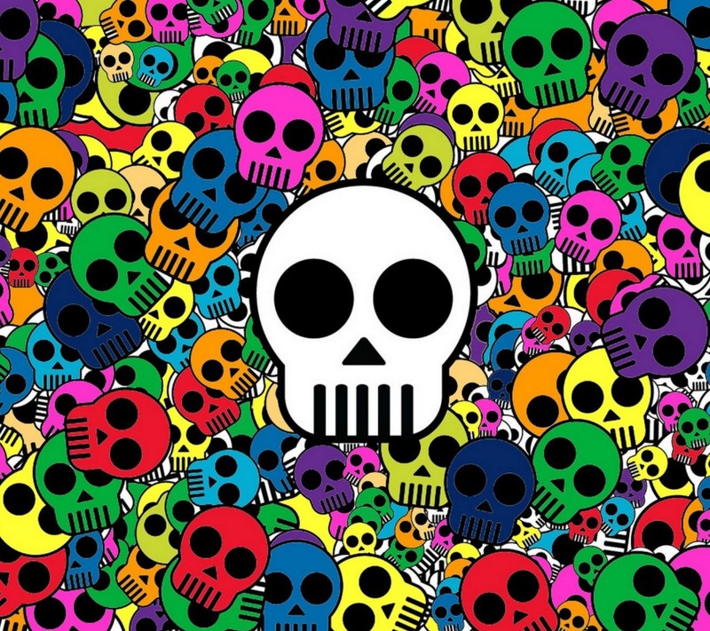 Un gran grupo de calaveras coloridas con ojos negros y una calavera blanca encima (ftghshs, sethsatfh)