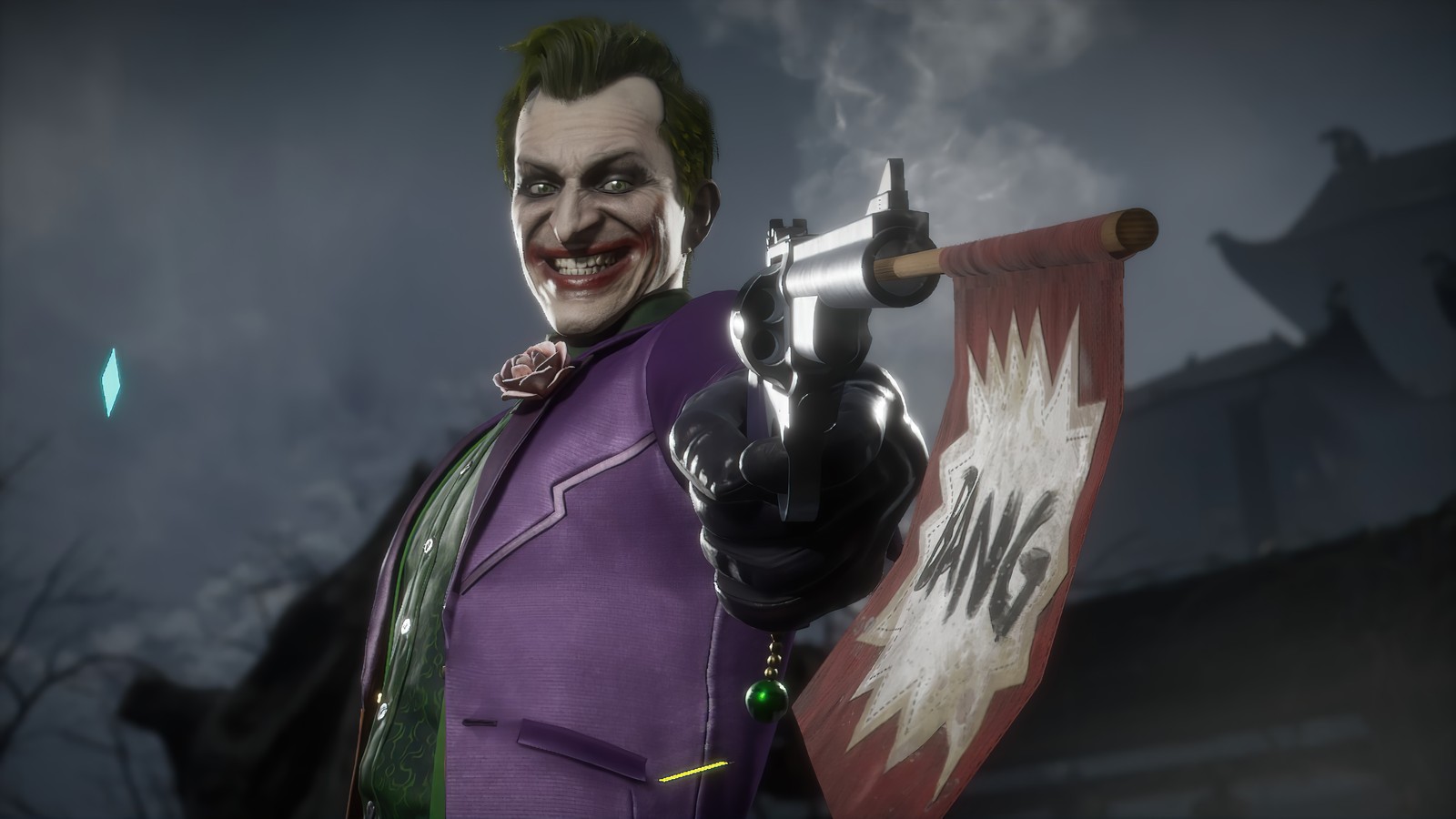 Бэтмен аркхэм скриншот джокера с оружием (джокер, joker, mortal kombat 11, mk11, видеоигра)