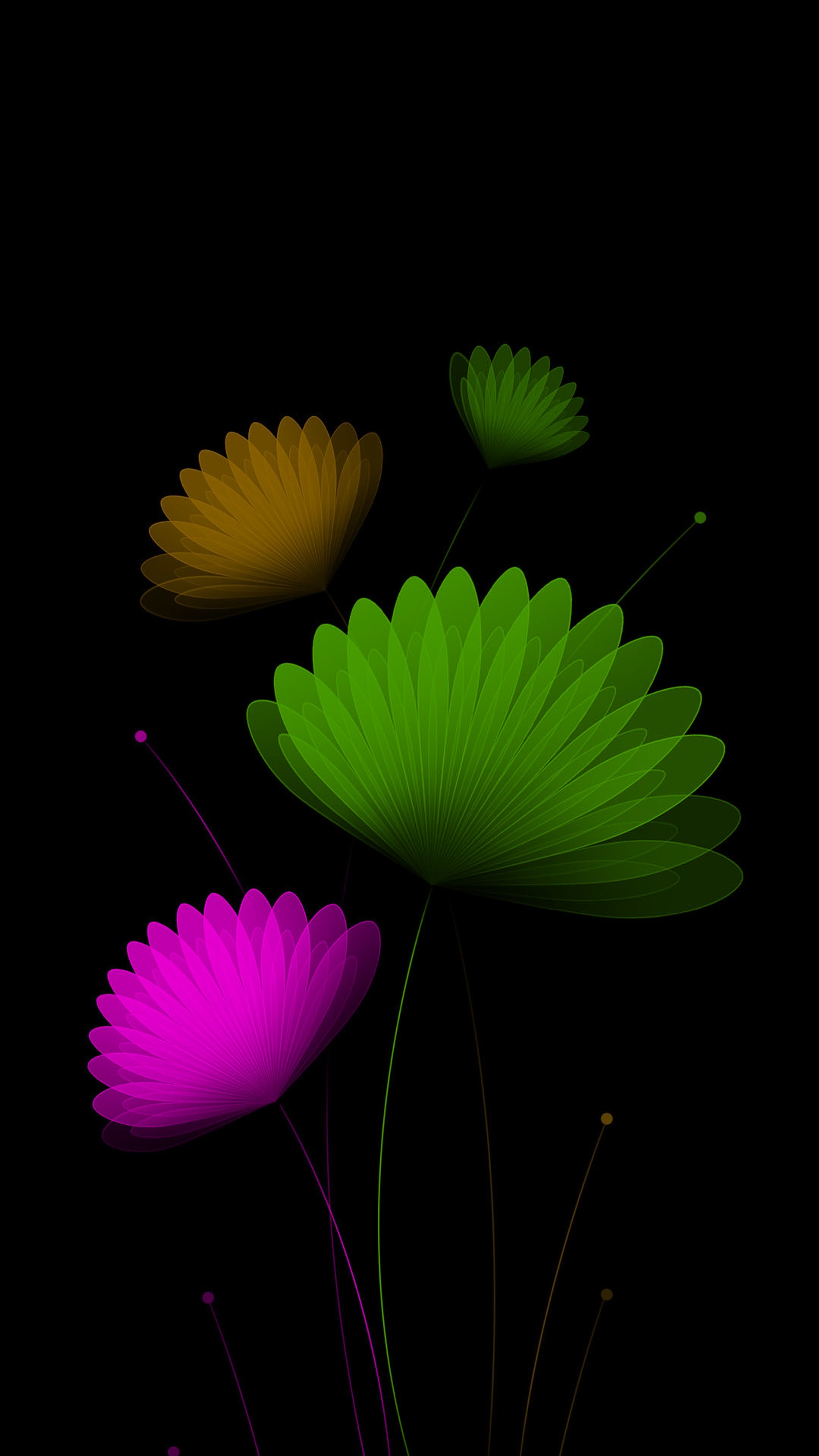 Flowers on a black background with a black background (drawings, flowers, green, purple, yellow)