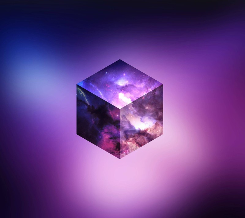 Papel de parede roxo e azul com um cubo e uma galáxia (cosmos, pedra)