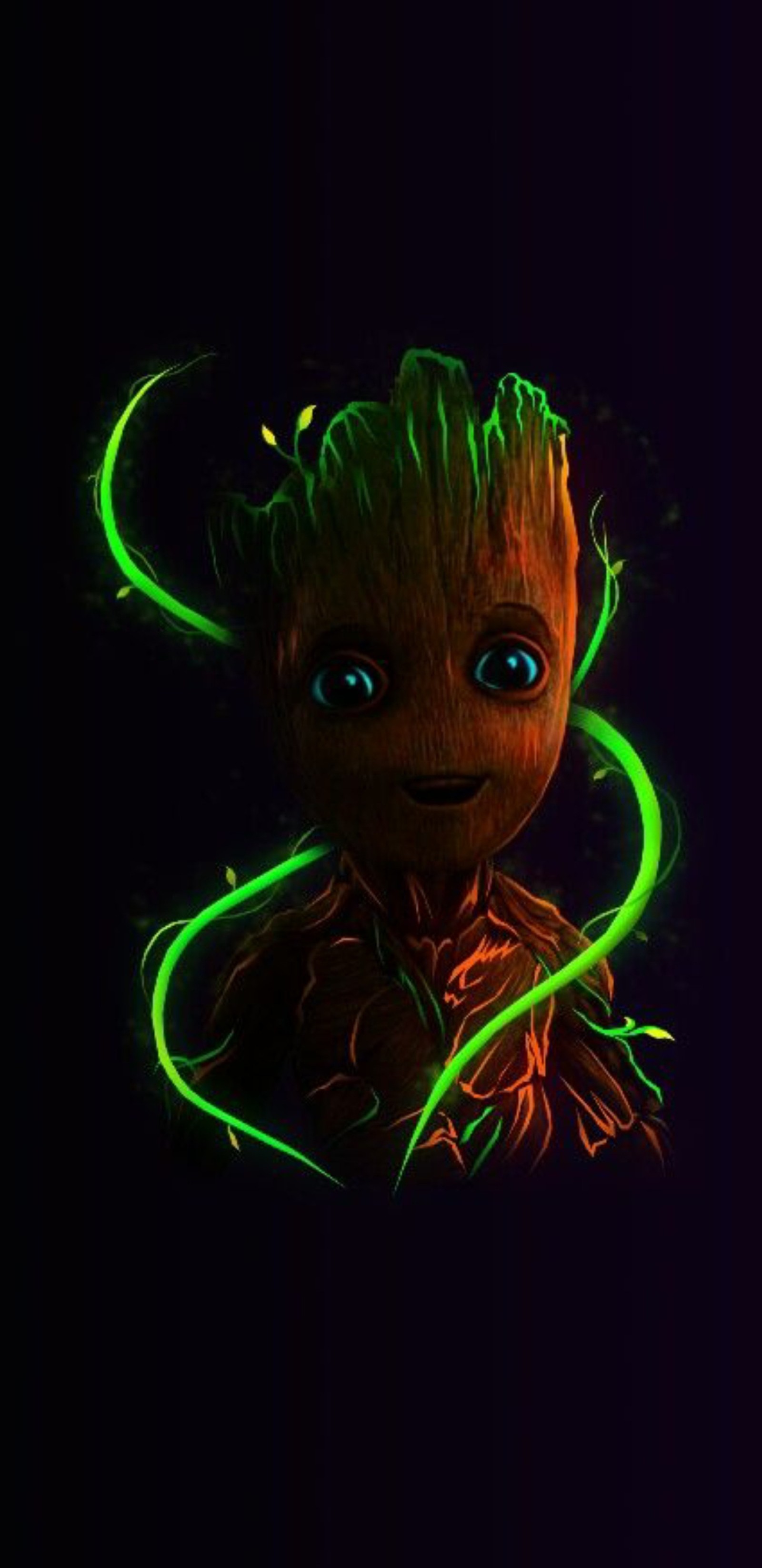 A close up of a baby grooter with glowing green hair (color, drawing, groot, guardians of the galaxy)