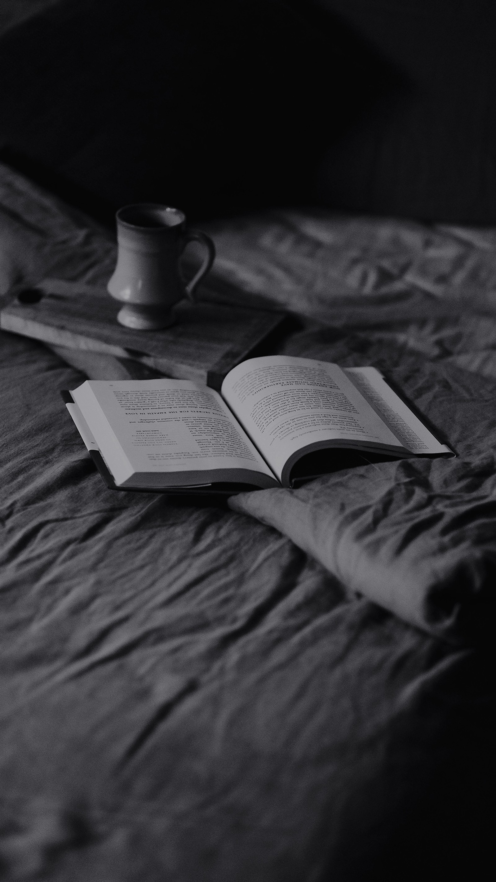 There is a book and a cup on a bed with a blanket (bible, dont, password, prayer, prayers)