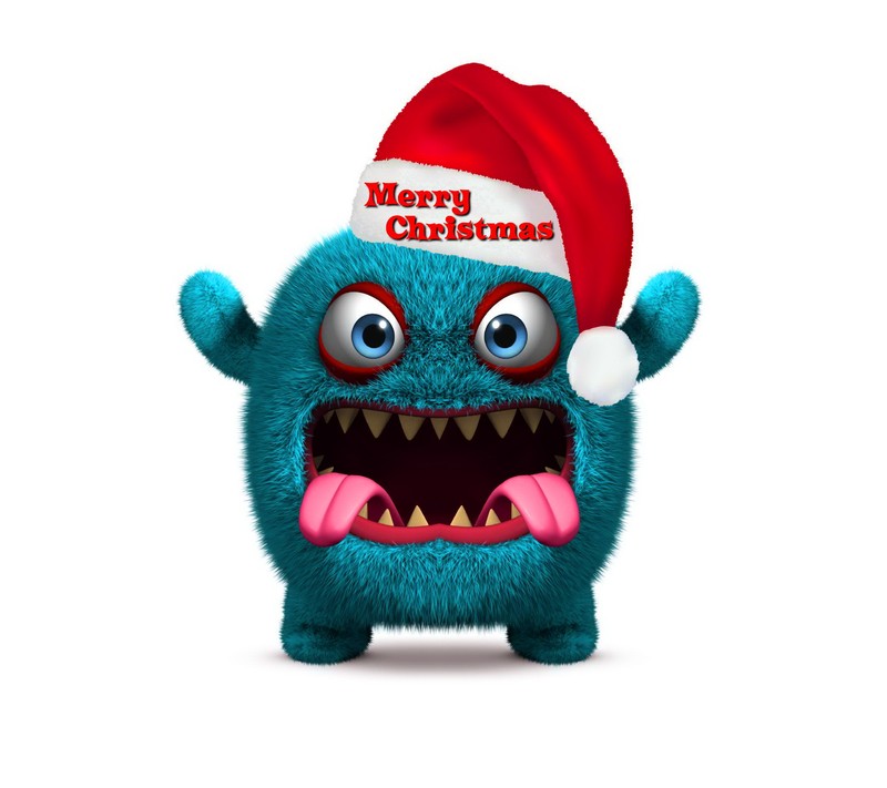 Мультяшный монстр в шапке санта на белом фоне (3d фон, christmas monster, милый смешной)