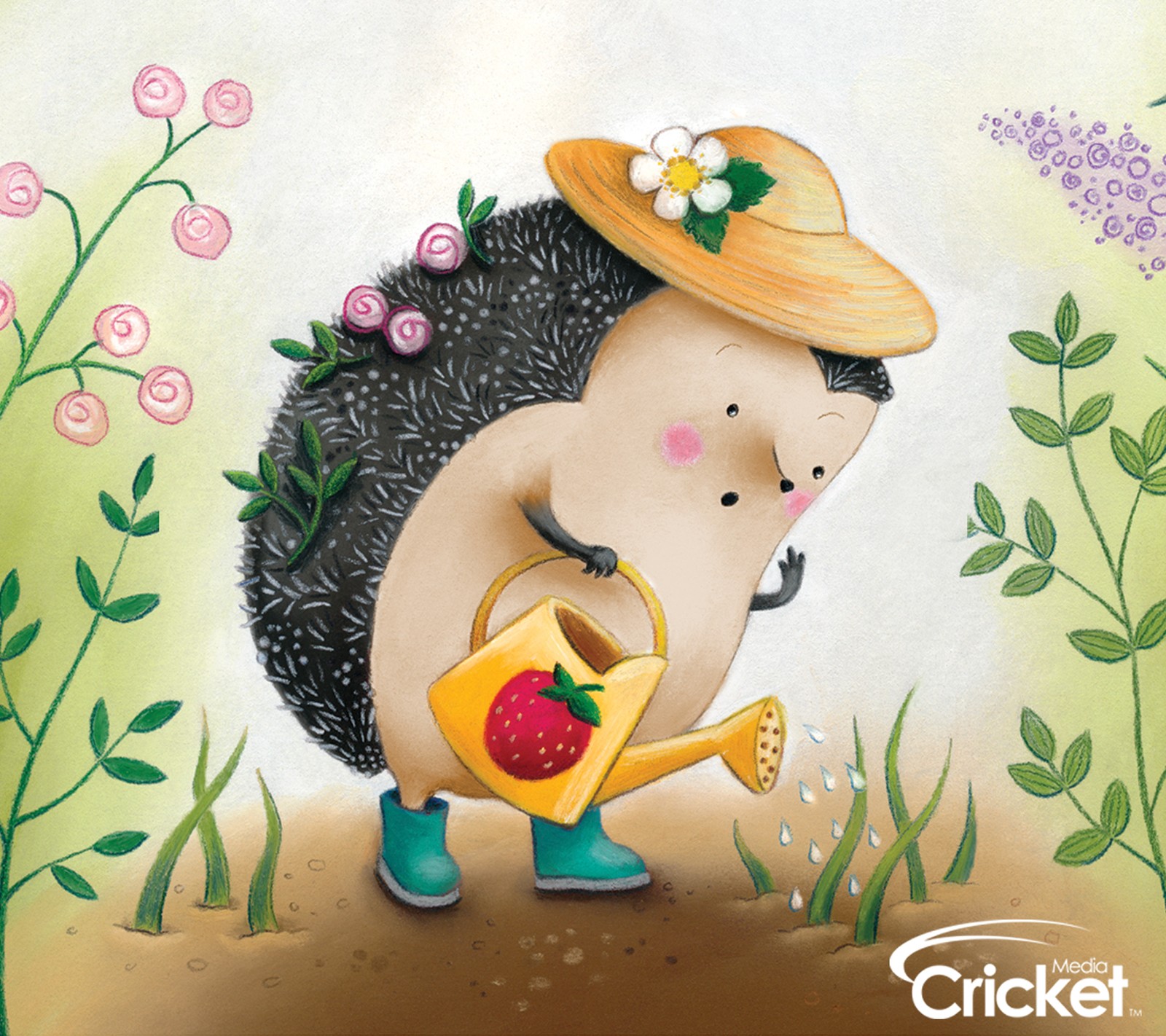 Hedge with straw hat watering strawberry in garden with flowers (cricket, childrens, kids, illustrations, spring)