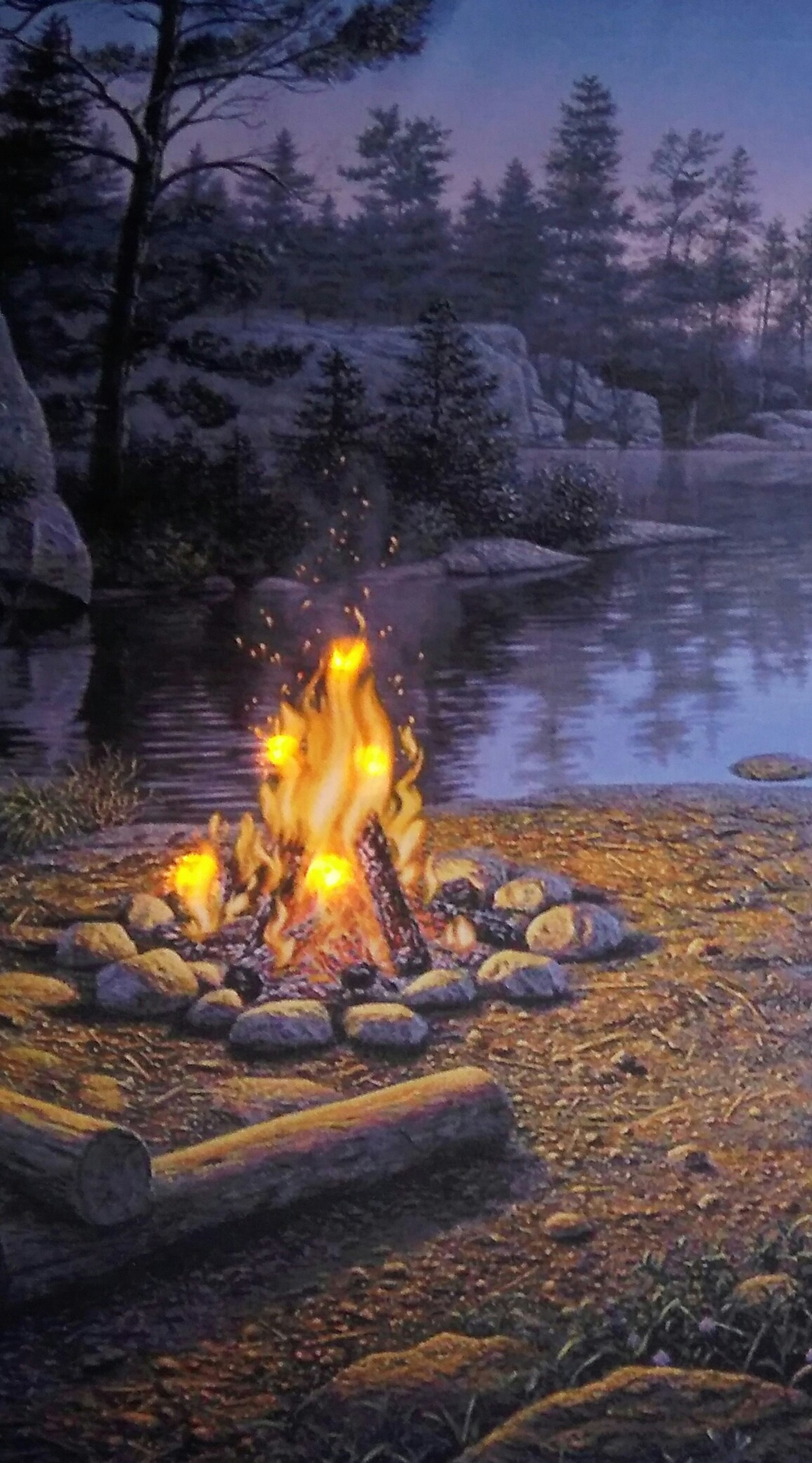 Painting of a campfire on a rocky shore with a lake in the background (s6 edge, s7 edge)