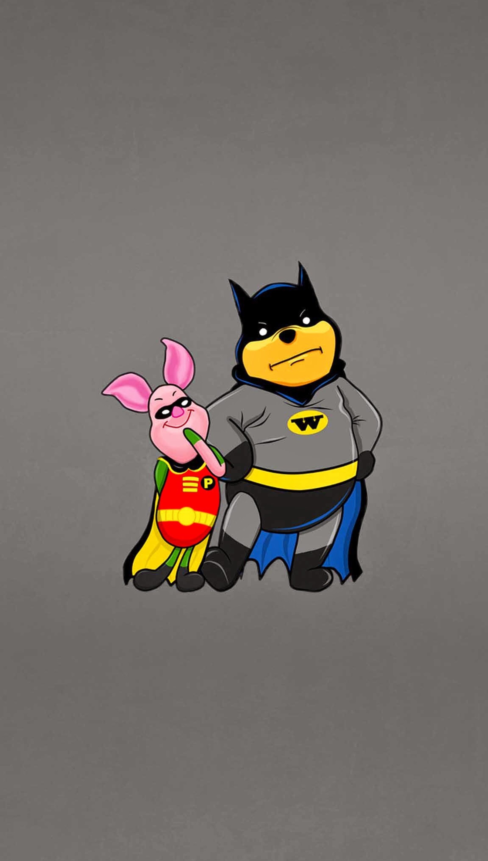 Batman y piggy el cerdito están de pie uno al lado del otro (batman, piglet, pooh, petirrojo)