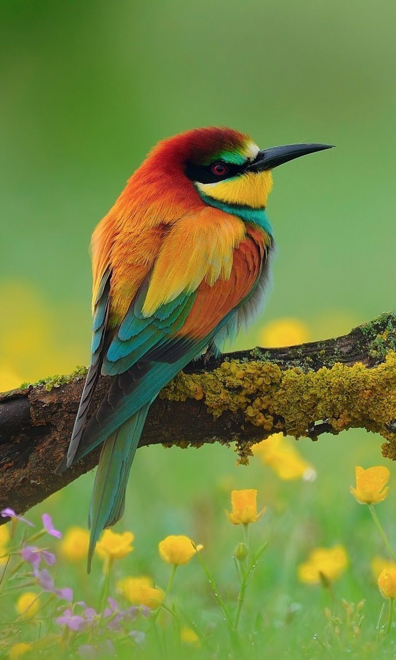 Ein bunter vogel, der auf einem ast in einem feld sitzt (tier, schönheit, blumen, natur)