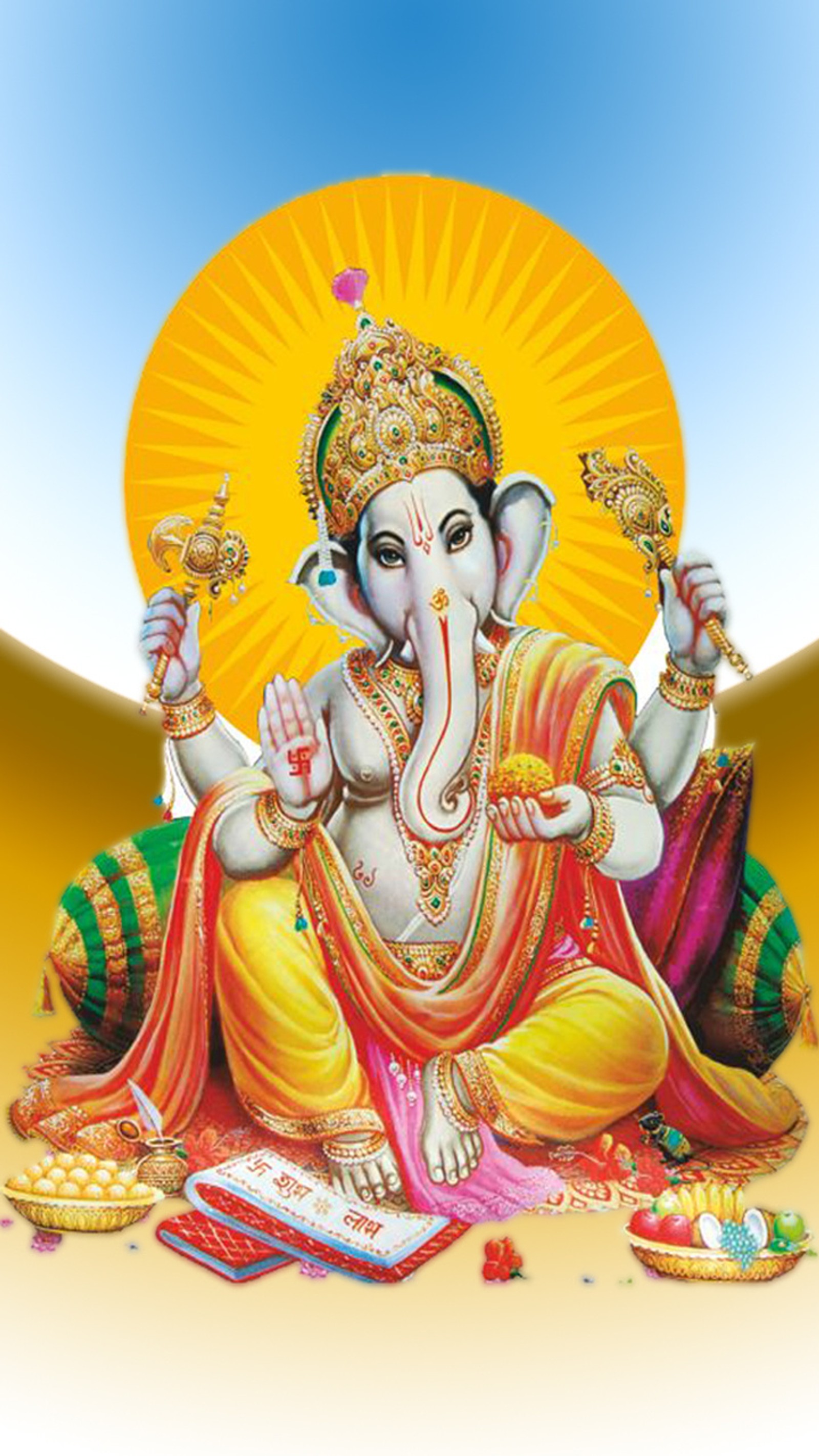 Uma pintura de um deus sentado em uma cama com um prato de comida (deus ganesh, senhor ganesh, deus hindu, fundo de tela hd, senhor hindu)