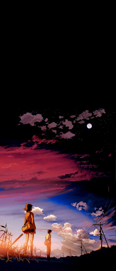 Two figures silhouetted against a vibrant sunset sky, with hints of autumn foliage and a rising moon.