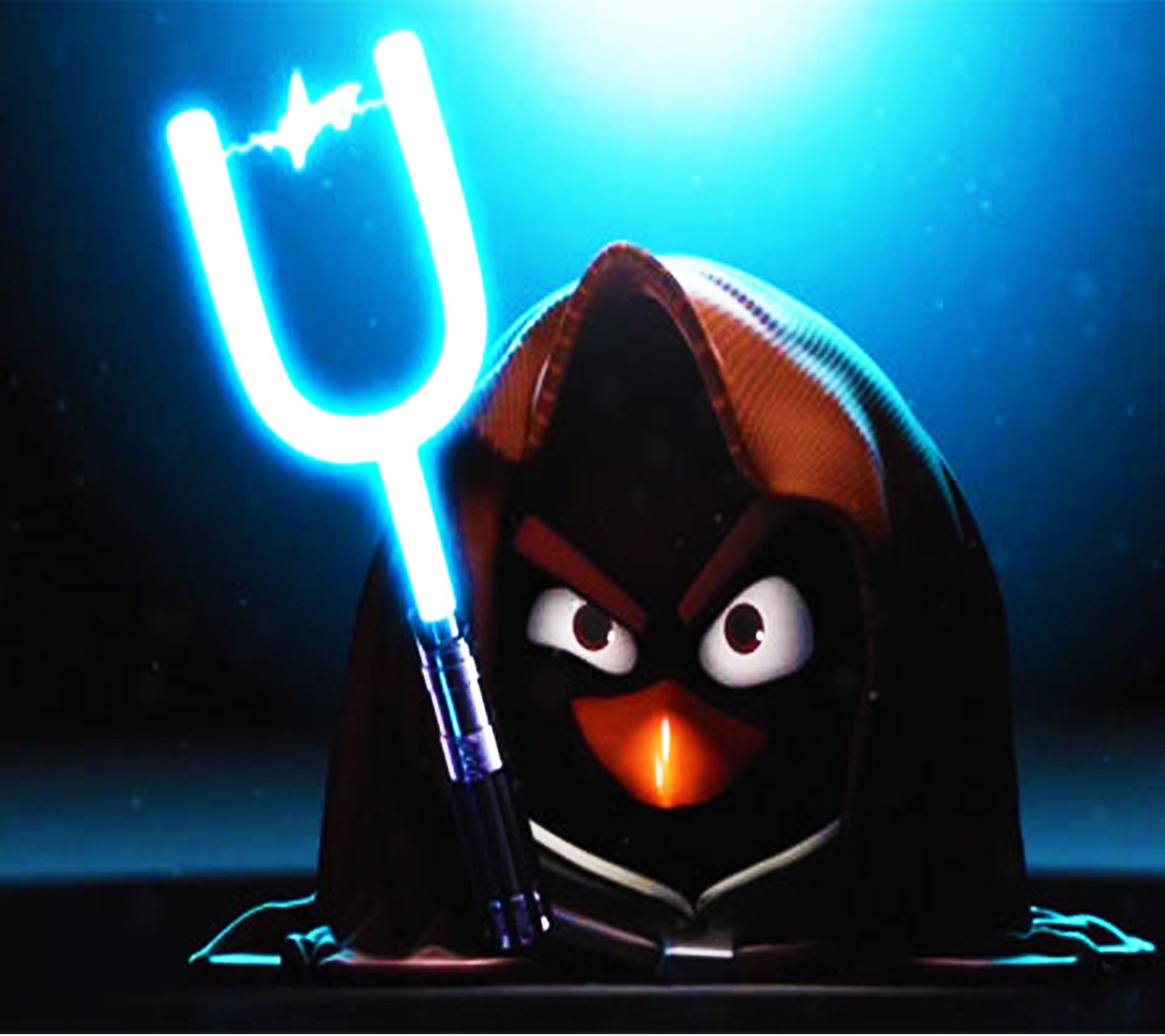 Un pájaro enojado con un tenedor iluminado en una habitación oscura (pájaro enojado, angry bird, angry birds, star wars)