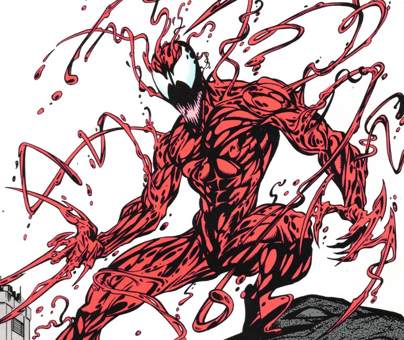 Крупный план рисунка человека-паука с красной краской (carnage, marvel comics, человек паук, spiderman)