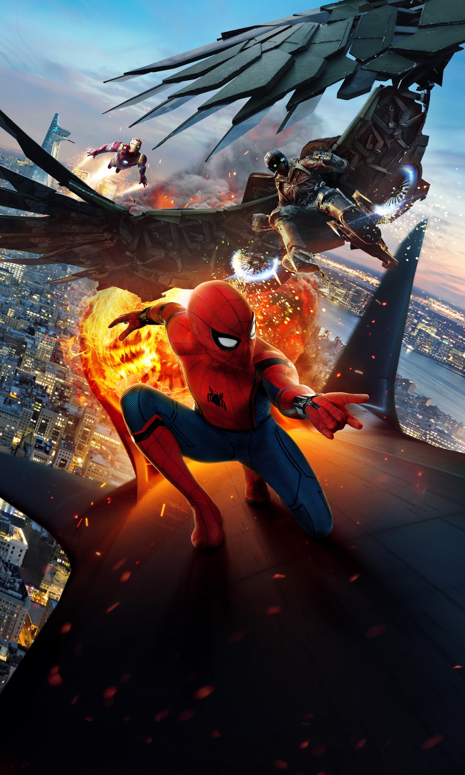 Spider - man in the city with a helicopter and a helicopter flying over him (iron man, movie, poster, spider man, spider man homecoming)