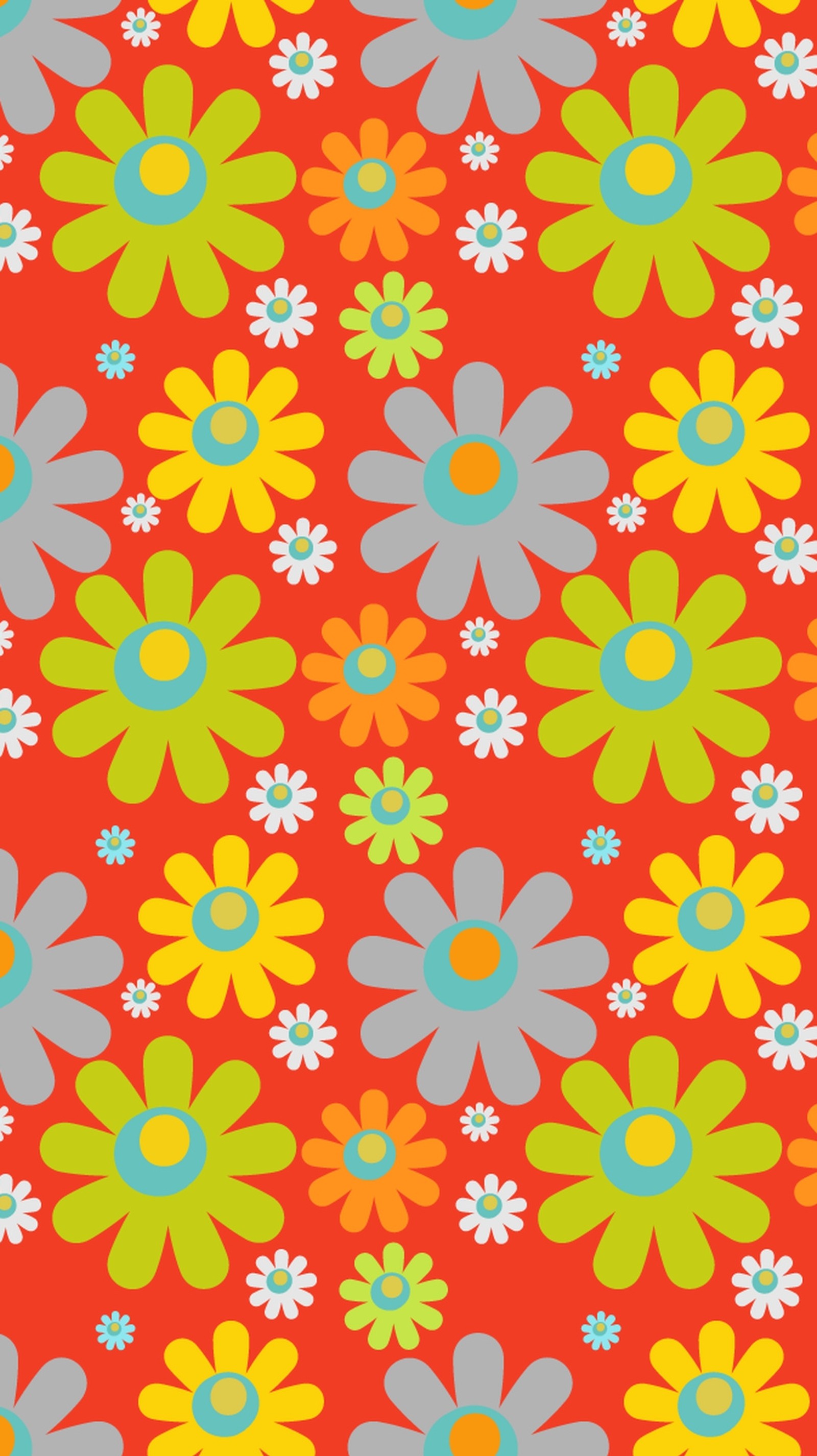 A close up of a colorful flower pattern on a red background (flowers, retro)