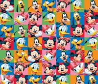 Colorful collage of beloved cartoon characters featuring Mickey, Minnie, Donald, and Daisy.