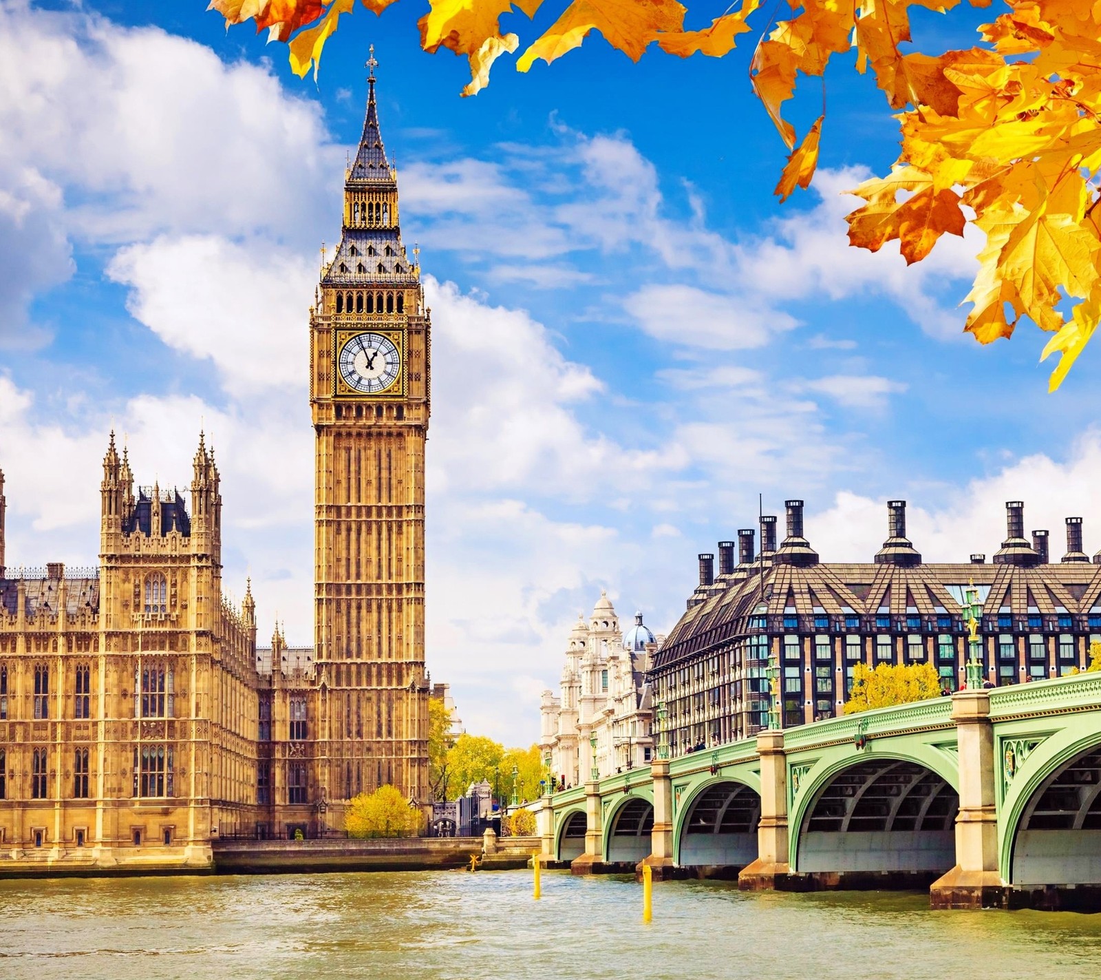 Lade brücke, großbritannien, england, see, blätter Hintergrund herunter