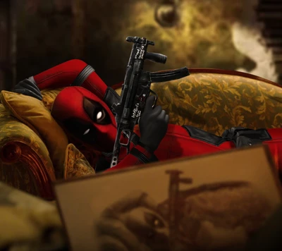 Deadpool relajándose con un arma en un sofá vintage