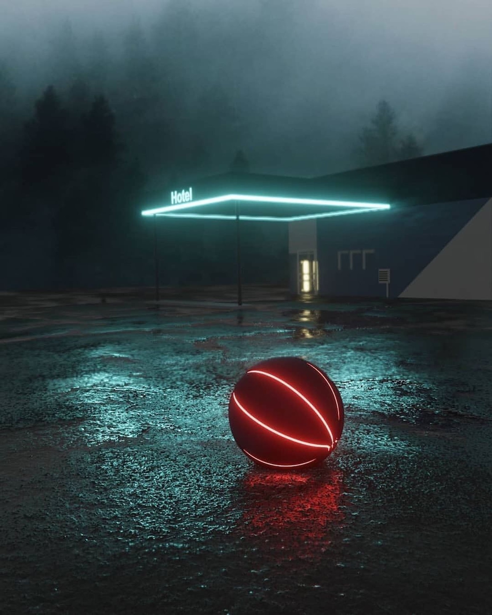 Une balle rouge qui se trouve au milieu d'un parking (esthétique, basket ball, génial, gas station, led)