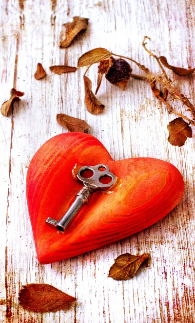 Key to Love: A Grunge Heart Surrounded by Autumn Leaves