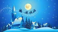 Santa Claus and Sleigh Over a Snowy Christmas Village Under a Full Moon