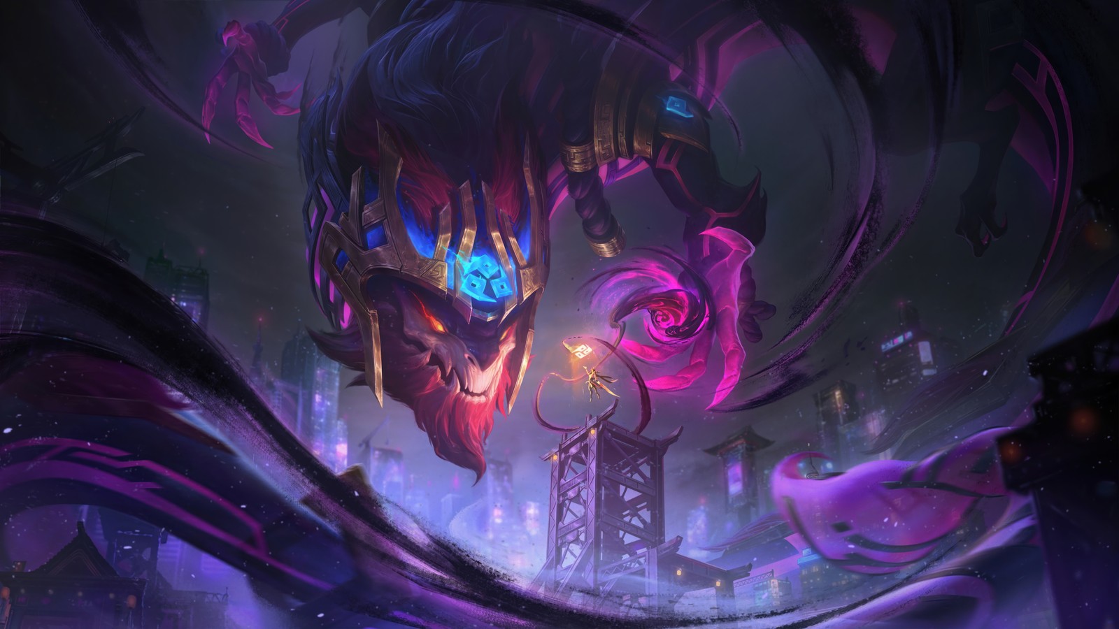 A painting of a demonic looking creature with a purple and blue light (inkshadow, aurelion sol, skin, lol, league of legends)