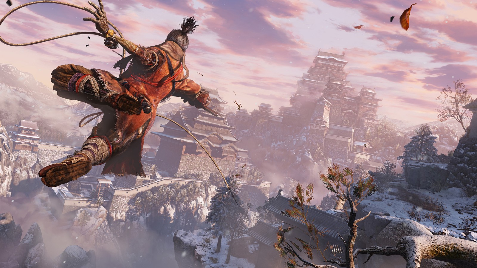 Мужчина в красном костюме летит в воздухе (sekiro shadows die twice, видеоигра)