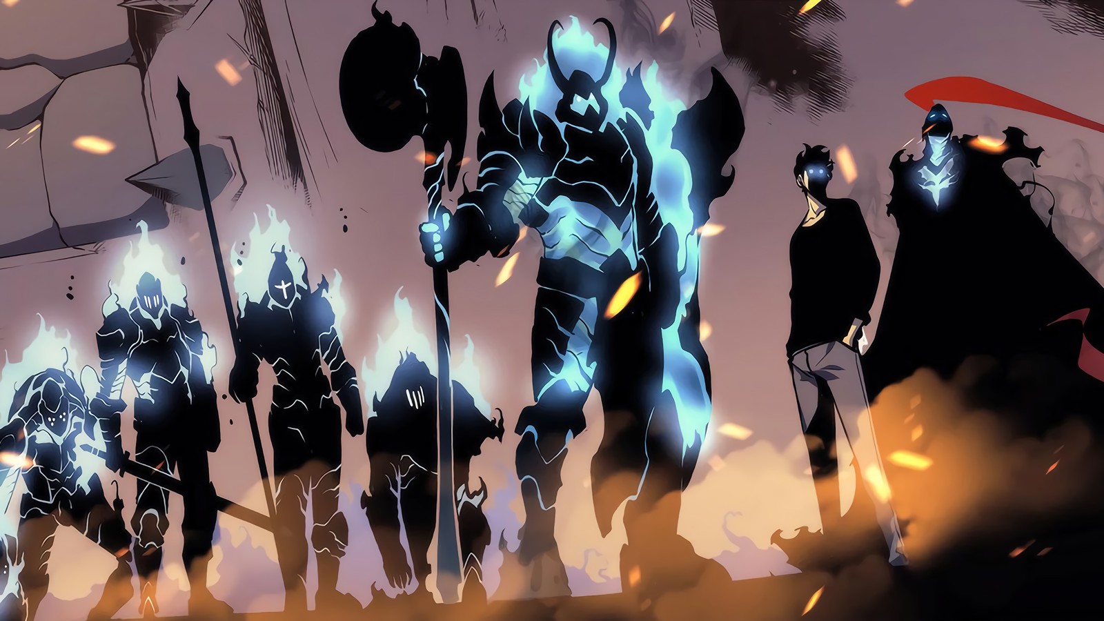 A group of people standing in front of a fire with swords (solo leveling, manhwa, anime, sung jin woo, shadows)