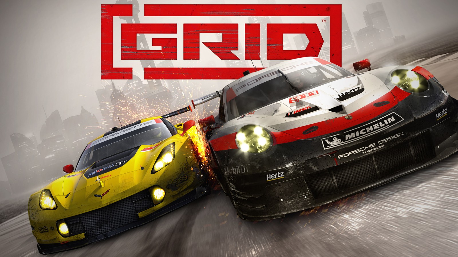 A close up of two cars on a race track with the word grid (grid, video game, motorsport, car, racing)