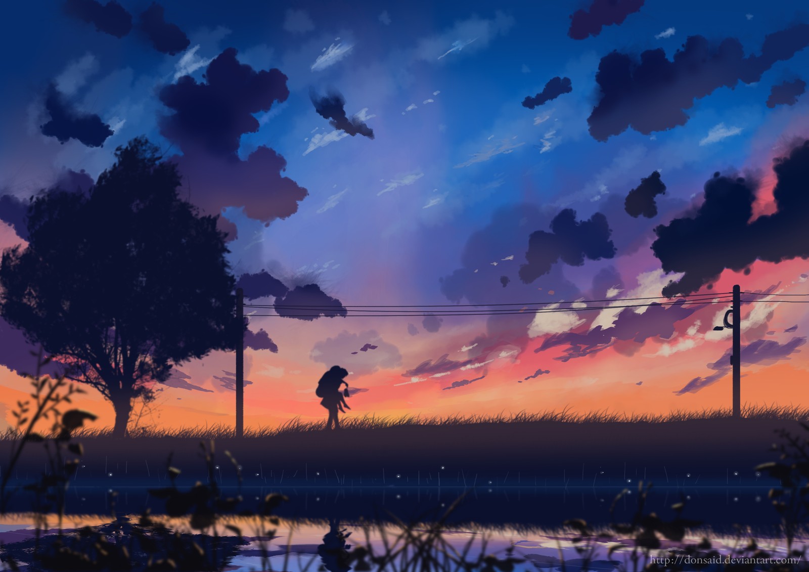 Anime, pôr do sol, menina, nuvens, árvores, água, céu (arte, nuvem, natureza, vídeo musical de anime, canção)