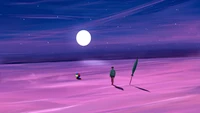 Horizon violet fantaisiste sous une lune brillante