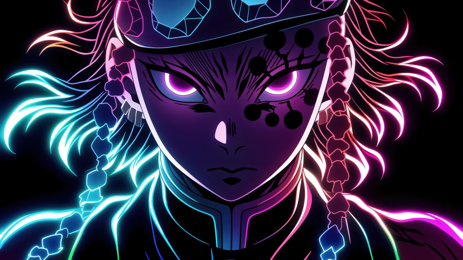 Un primer plano de una persona con un sombrero y luces de neón (tengen uzui, arte neón, asesino de demonios kimetsu no yaiba, demon slayer kimetsu no yaiba, amoled)