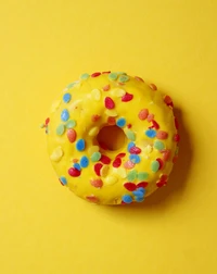 Donut amarelo vibrante coberto com granulados coloridos em um fundo amarelo.