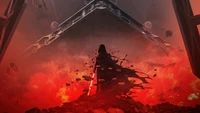 Darth Vader stands amidst a fiery landscape, shrouded in smoke and debris, under the imposing silhouette of a starship, evoking a sense of power and turmoil in a Star Wars atmosphere.