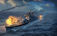 Scène dramatique d'un croiseur lourd engagé dans une bataille, avec des explosions et de la fumée en haute mer, montrant la guerre navale du jeu vidéo "World of Warships".