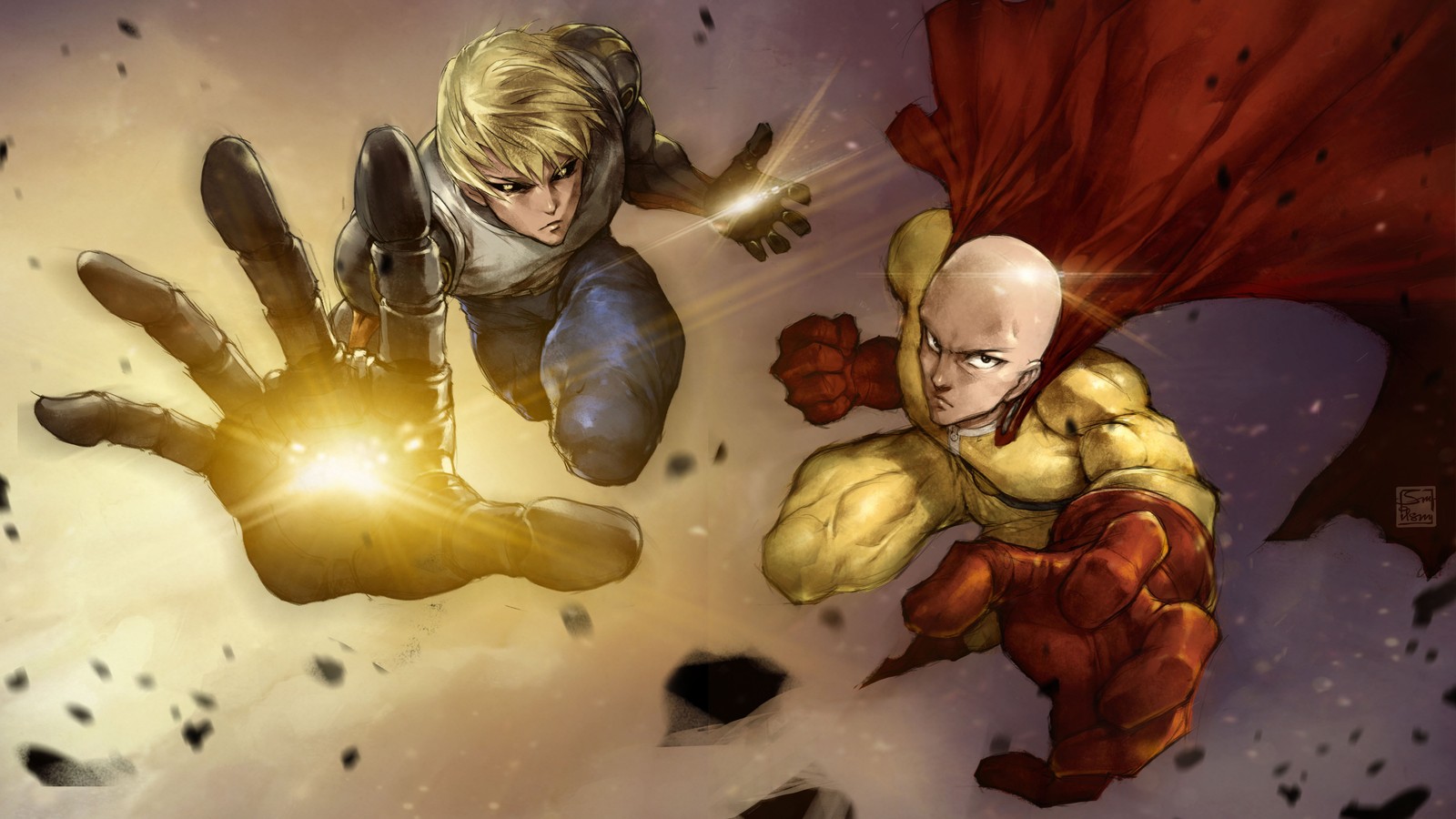 Una pareja de superhéroes volando por el aire con sus manos (saitama, genos, one punch man, anime)