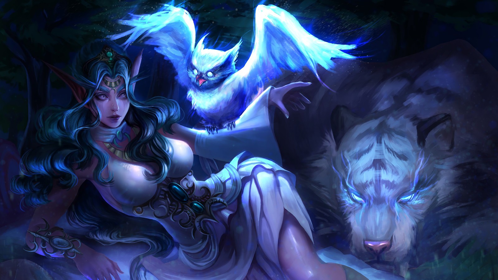 tyrande whisperwind, white tiger, fantasy, girls, world of warcraft wallpaper