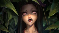 Nezuko Kamado Emerging from Lush Foliage in "Demon Slayer