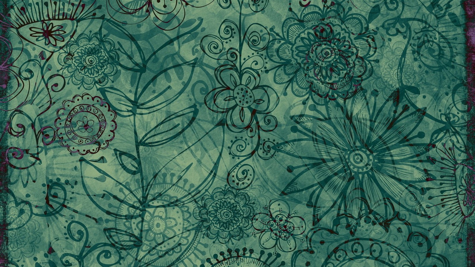 A close up of a green and purple floral design on a blue background (green, pattern, design, creative arts, art)