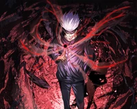 Satoru Gojo in dynamic pose with glowing red energy, set against a dark, chaotic background.