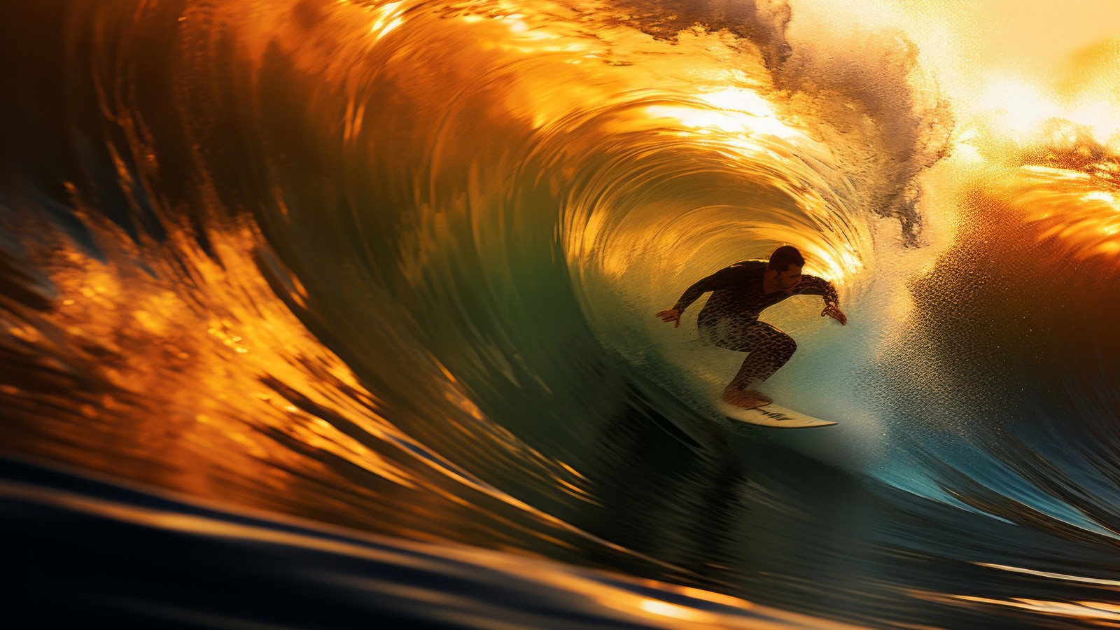 Surfer riding a wave in the sunset light (wave, surfing, digital art)