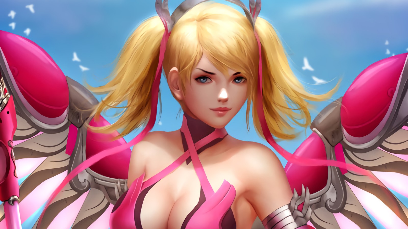 A woman in pink dress with wings and a pink dress (mercy, overwatch, video game)