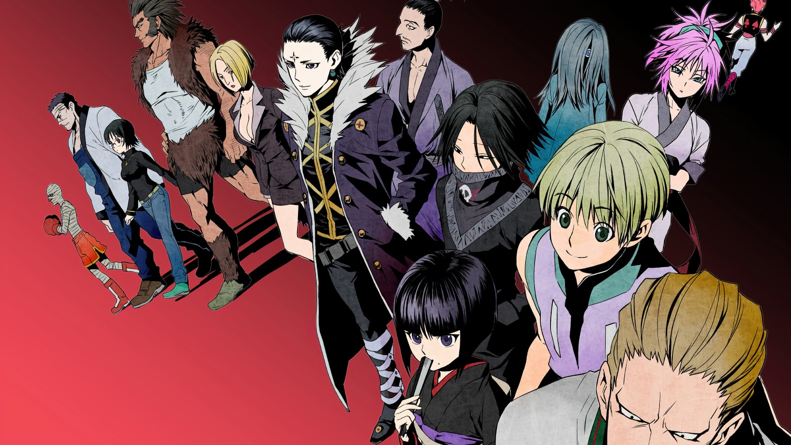 A close up of a group of anime characters standing in a line (phantom troupe, members)