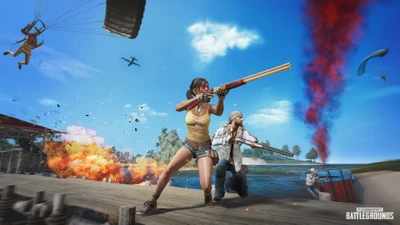 Intense Combat in PUBG: Players Engage in Battle on a Tropical Battlefield