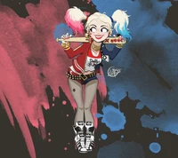 Ilustración vibrante de Harley Quinn con expresión juguetona y colores audaces