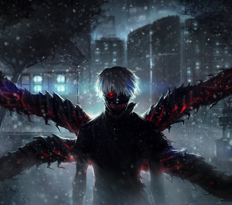 Аниме, демон, ночь, город, снег, ночной город (канеки, kaneki, токийский гуль, tokyo ghoul)