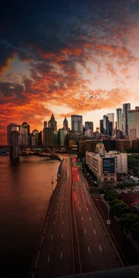 Paysage urbain époustouflant au crépuscule avec des gratte-ciel modernes et de l'eau réfléchissante