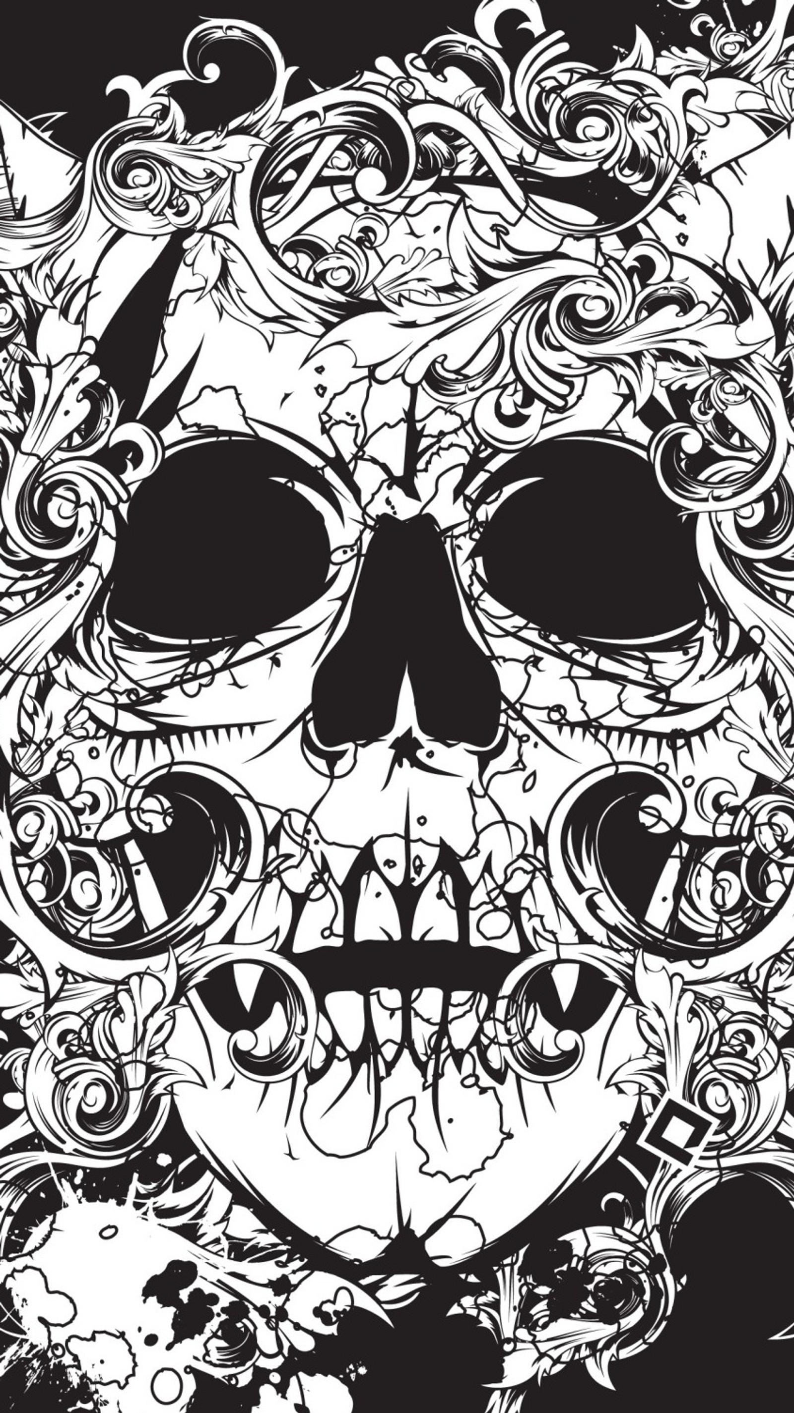 A black and white drawing of a skull with a floral design (black, scull, white)