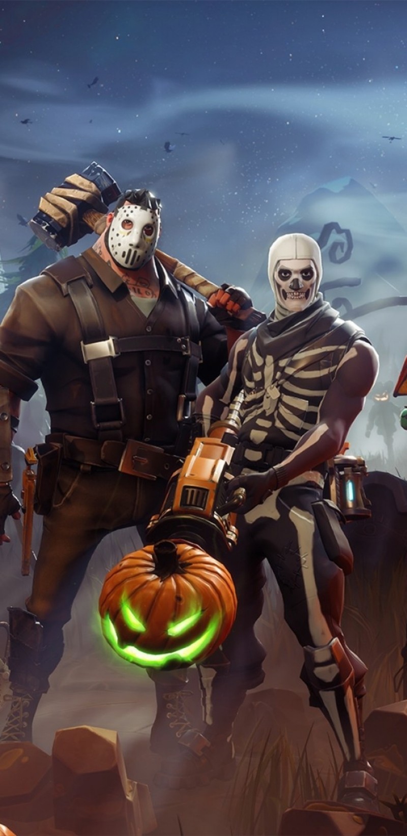 Un primer plano de un grupo de personas con disfraces de halloween (fortnite, juego)