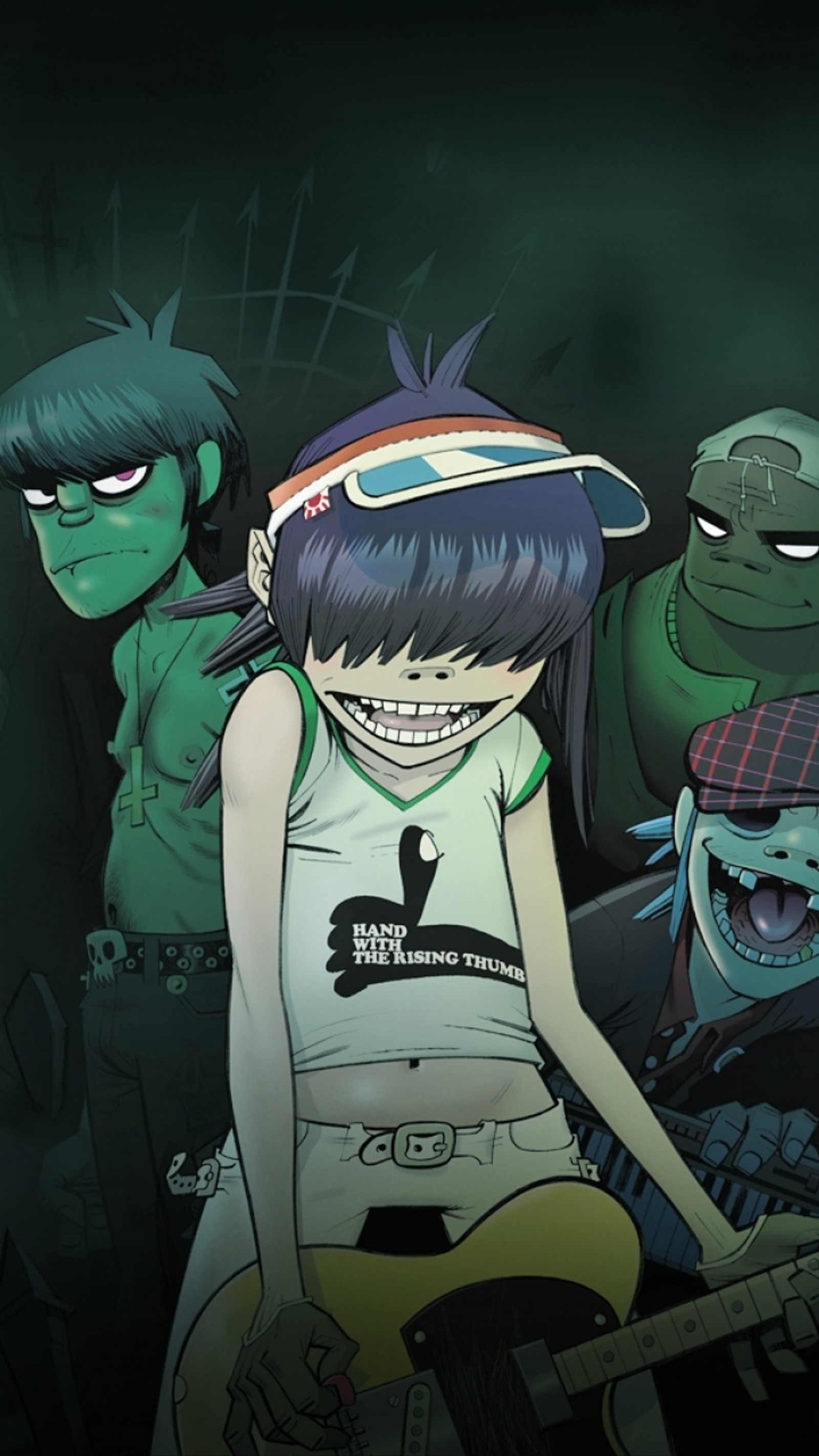 Personajes de anime con una guitarra y un zombi en el fondo (2d, gorillaz, murdoc, fideos, russel)