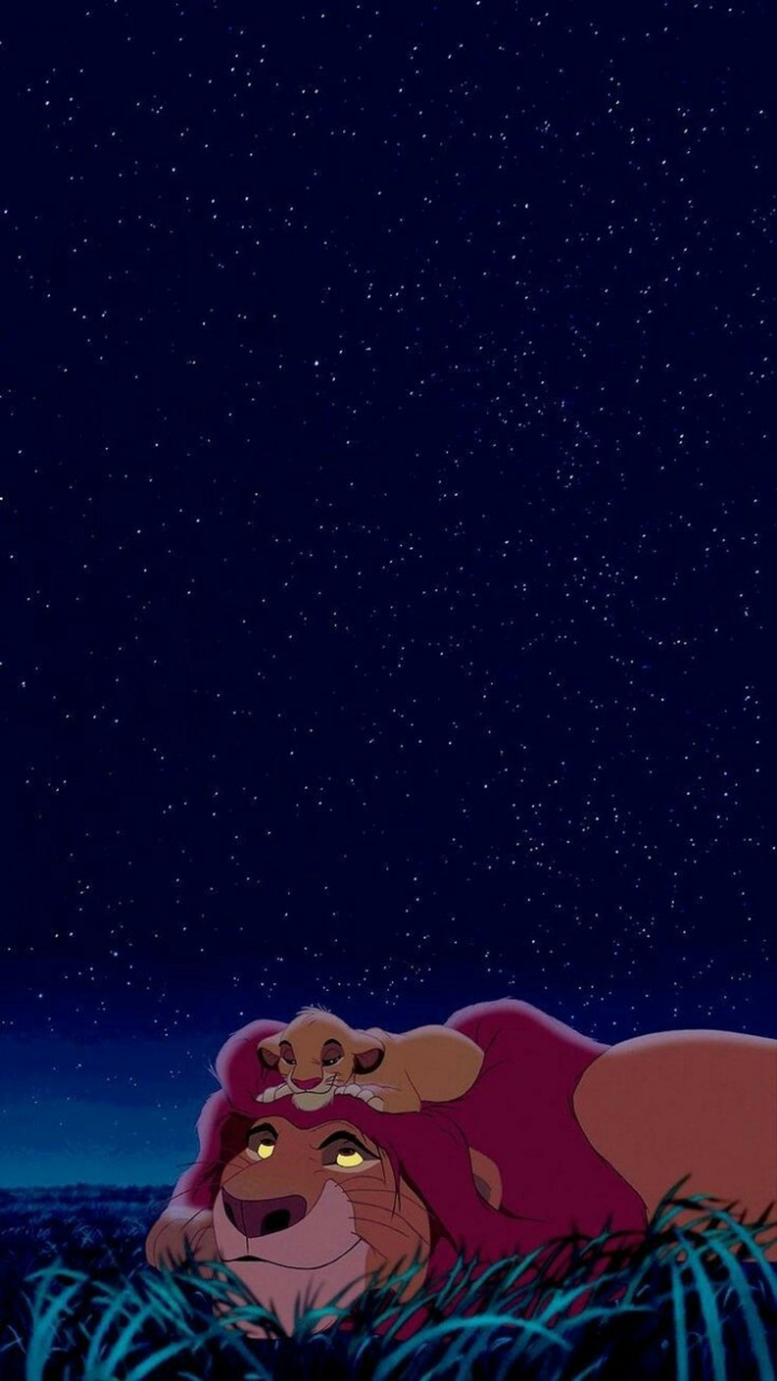 Un couple de lions allongés l'un sur l'autre dans l'herbe (cartoon, enfance, mufasa, temps de nuit, simba)