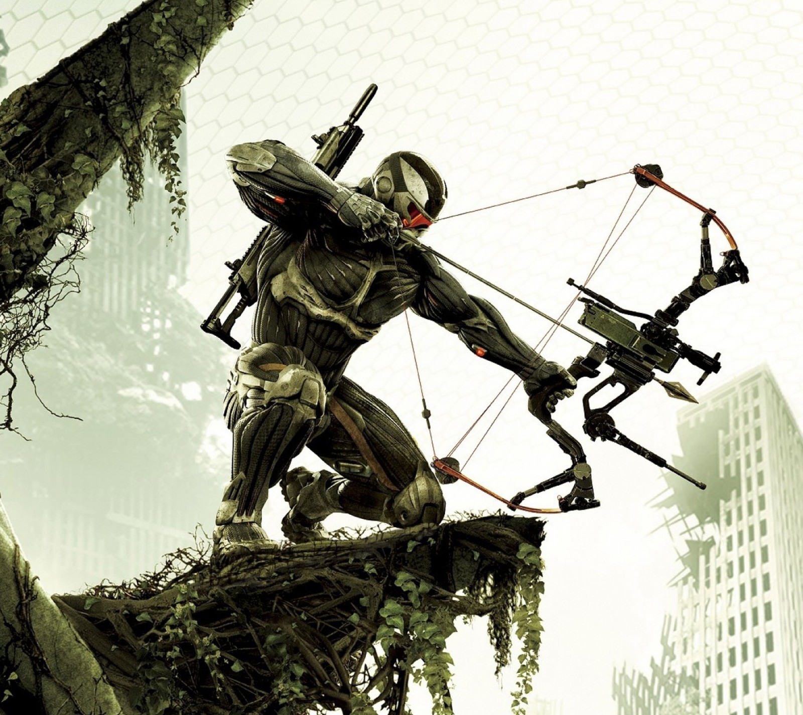 A close up of a person holding a bow and a bow (crysis, crysis 3, prophet)